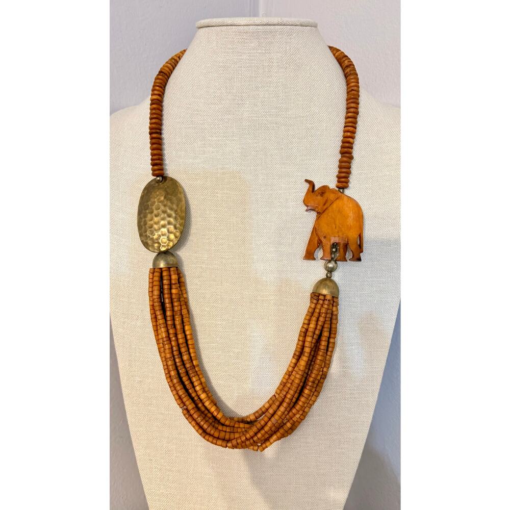 Vintage Wood Elephant Necklace Hammered Metal Multi Strand Boho 30”